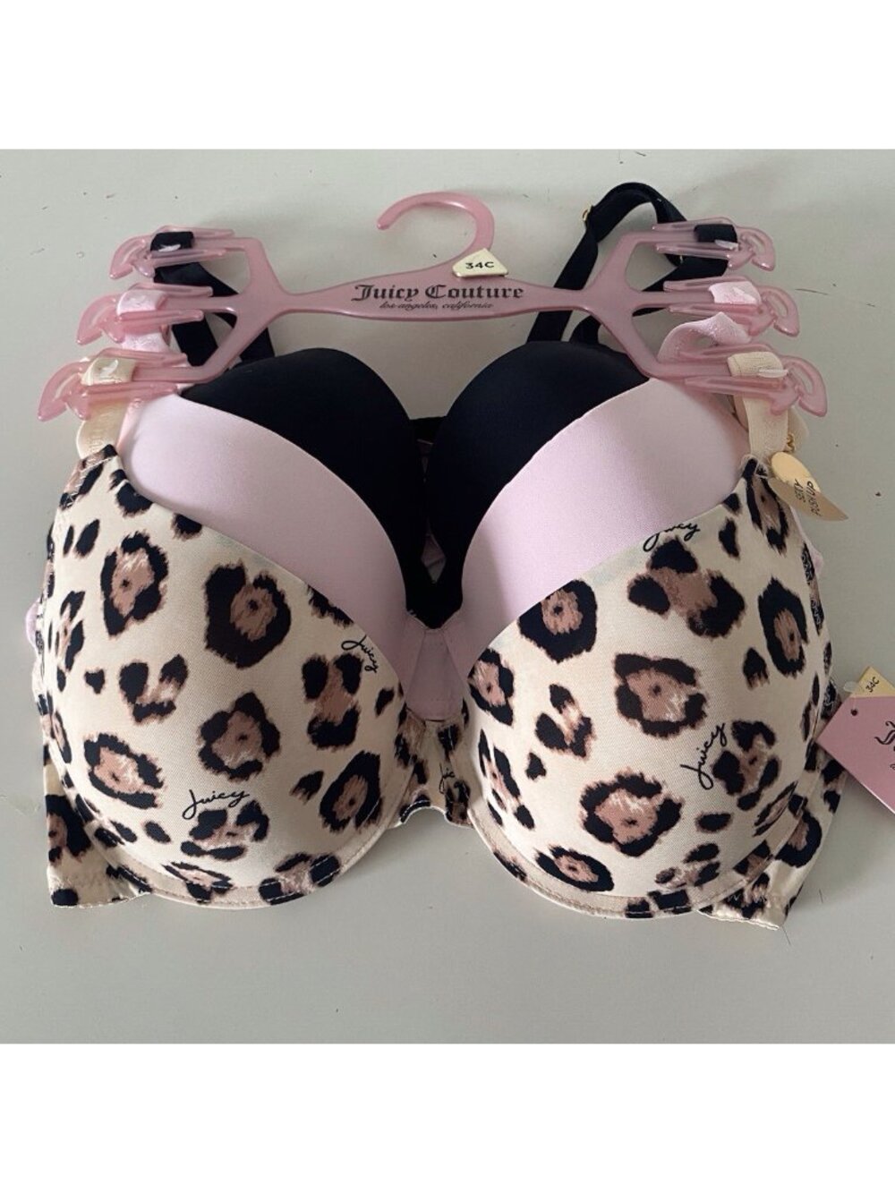 3 Pack Juicy Couture Sexy Push Up Bra Size 34C Cheetah Animal Print Pink Black